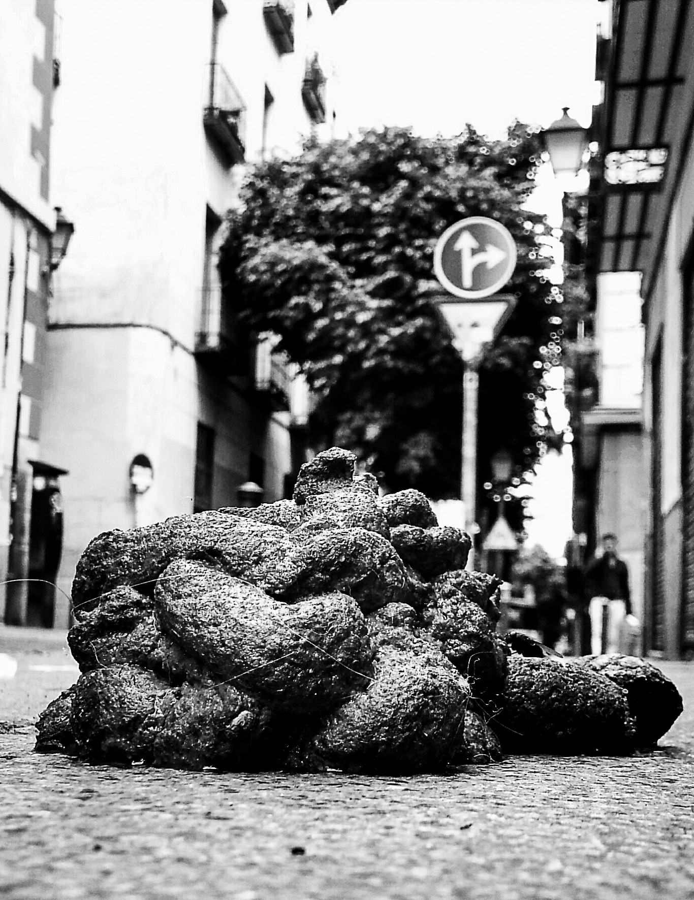A heap of dark volcanic rocks in the middle of a street, buildings and traffic signs behind.