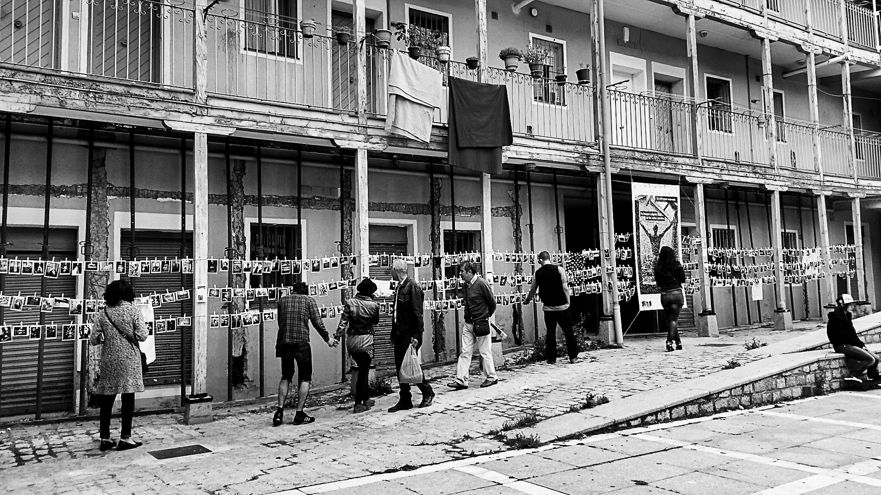 A row of photographs hung on lines along a street, with several people looking at them.