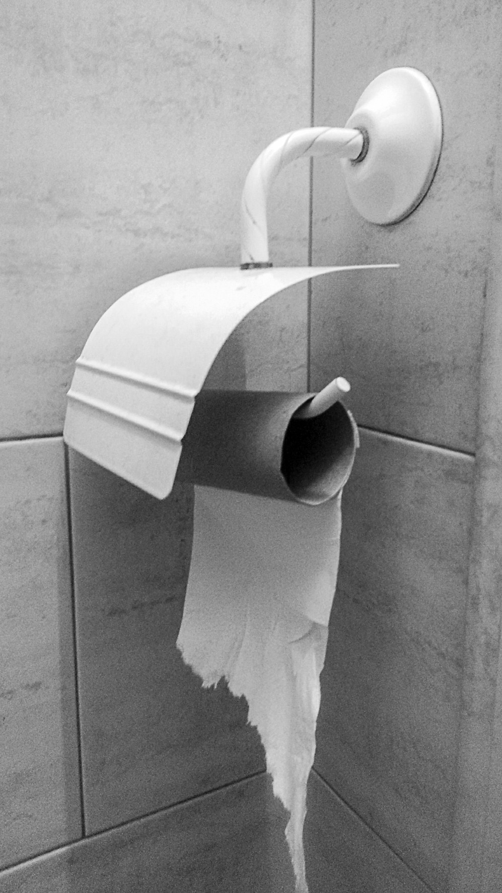 A toilet-paper holder on a wall, the roll torn and hanging.
